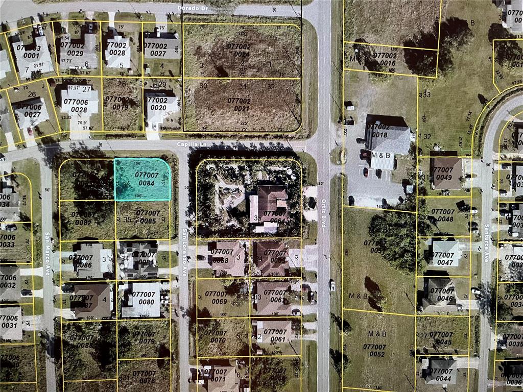 This is an aerial map showing residential property lots and street layouts — Lot #36 CAPILLA LANE, NORTH PORT, FL