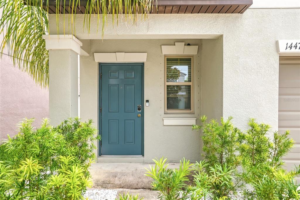 A teal front door sits next to a window on the exterior of a house — 14471 ENGLISH LAVENDER DRIVE, WIMAUMA, FL