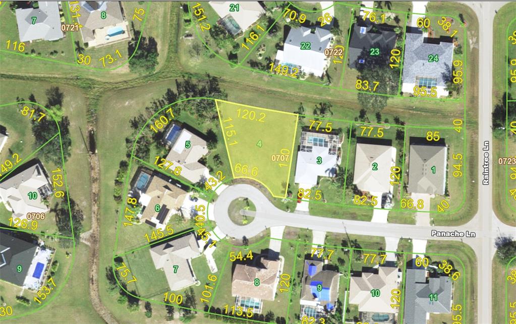 This is a satellite map showing residential lots and houses along a cul-de-sac — 25380 PANACHE LANE, PUNTA GORDA, FL