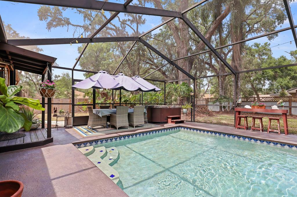 A screened-in pool patio features a dining set, a hot tub, and a bar area — 314 BLOOMINGFIELD DRIVE, BRANDON, FL