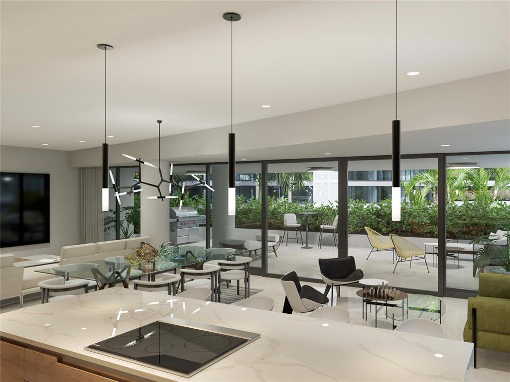 This rendering shows a modern kitchen and living area with pendant lights and outdoor patio — 611 BALDORIOTY DE CASTRO BOULEVARD UNIT 402, SAN JUAN, PR