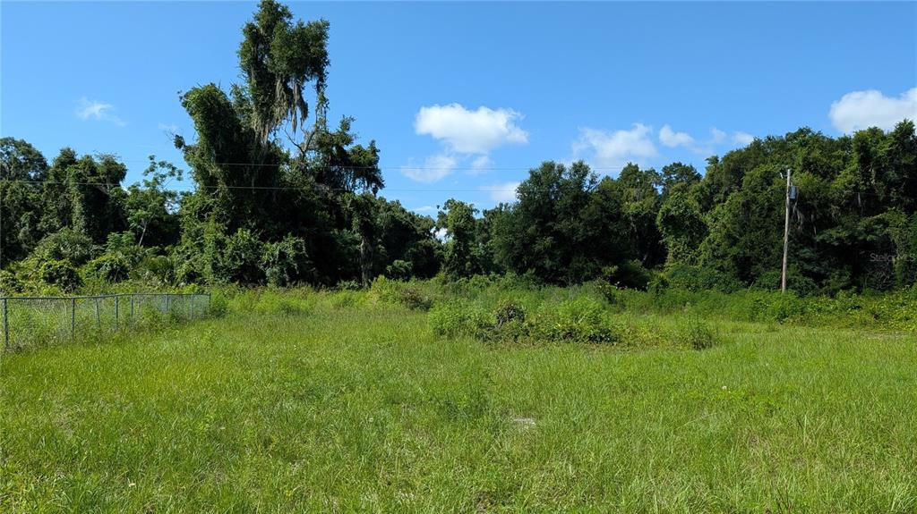 A grassy, undeveloped lot is bordered by a chain-link fence and dense trees — 5211 WARM SPRINGS AVENUE, WILDWOOD, FL