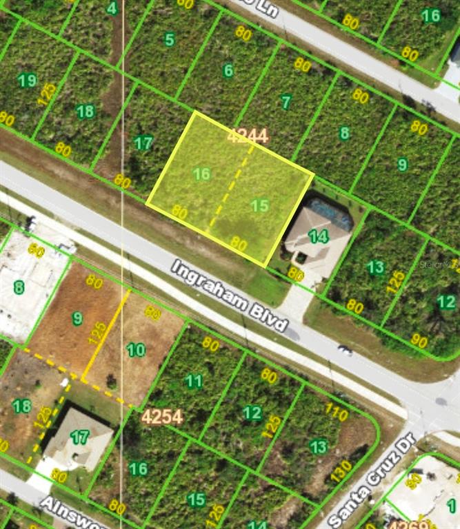This aerial map shows two highlighted adjacent residential lots along a paved road — 13548 INGRAHAM BOULEVARD, PORT CHARLOTTE, FL