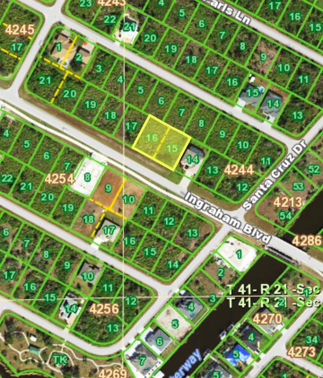 This is a satellite map showing two highlighted adjacent residential lots in a suburban neighborhood — 13548 INGRAHAM BOULEVARD, PORT CHARLOTTE, FL