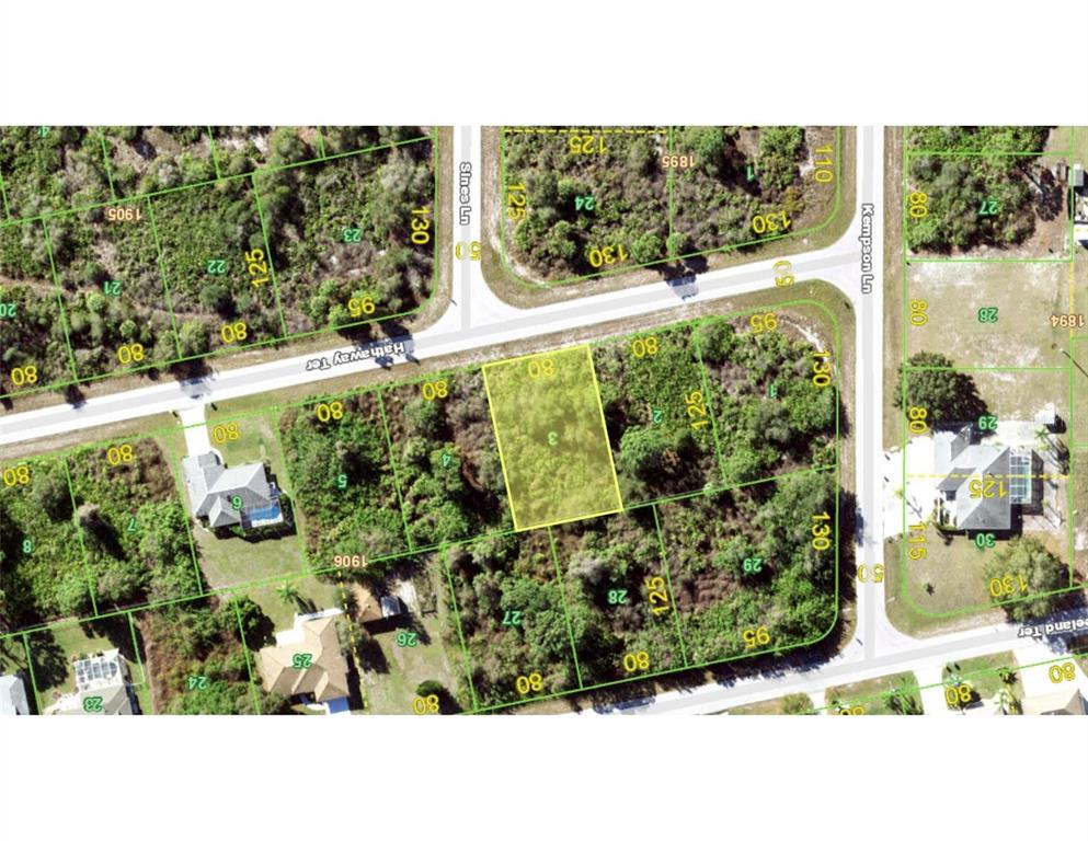 This is a satellite map showing a vacant residential lot highlighted in yellow — 12324 HATHAWAY TERRACE, PORT CHARLOTTE, FL