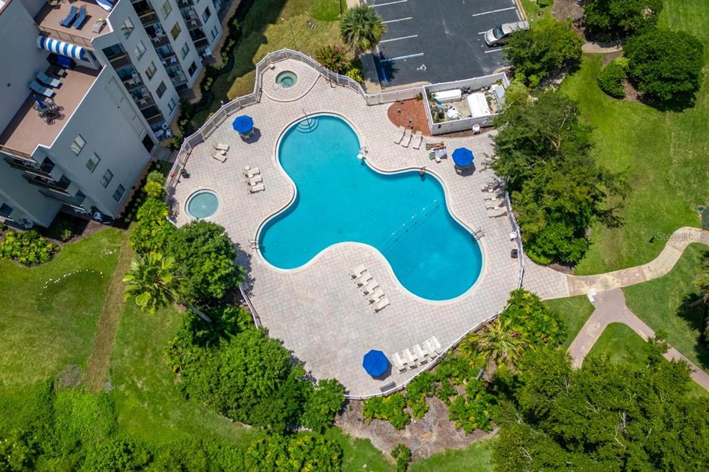 An aerial view shows a clover-shaped swimming pool with a hot tub and lounge chairs — 6165 CARRIER DRIVE UNIT 1215, ORLANDO, FL