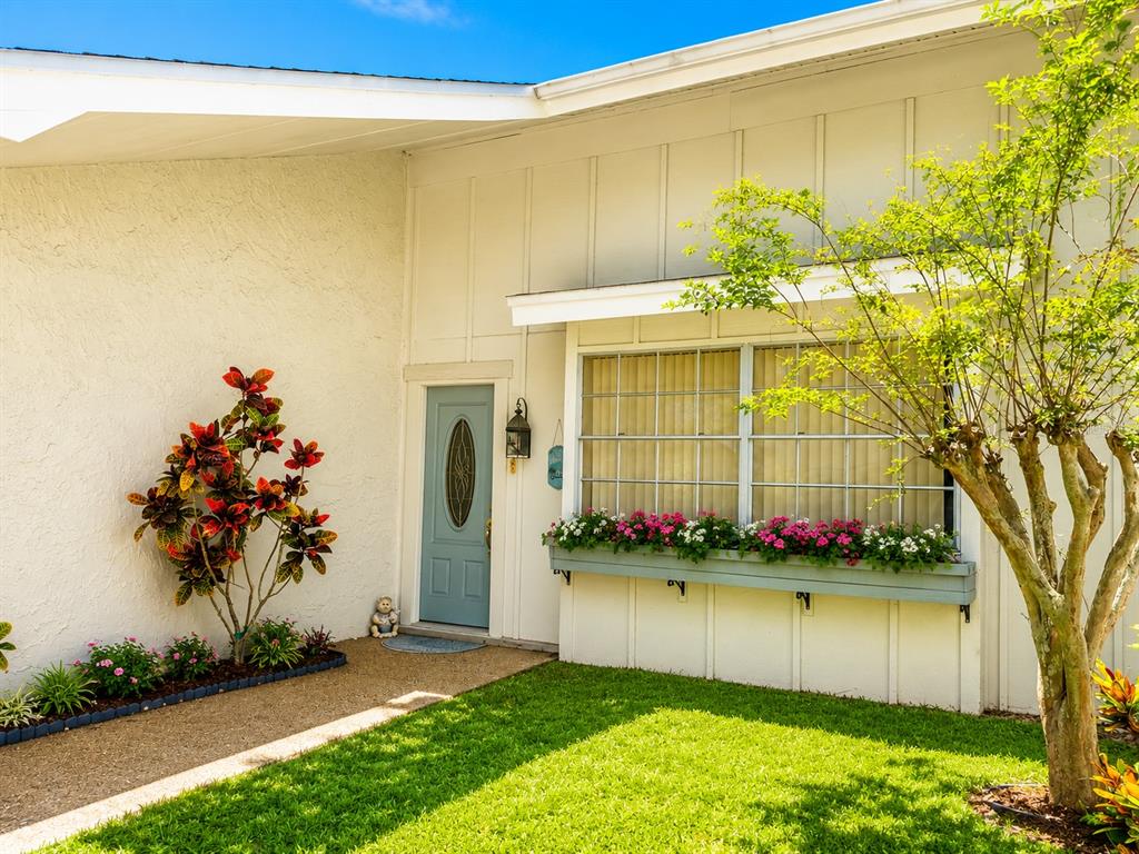 A light blue front door sits beside a window with a flower box and landscaping — 4238 PINEFIELD AVENUE, HOLIDAY, FL