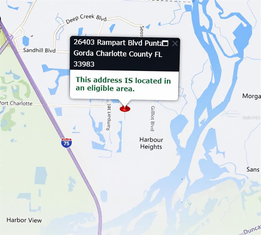 This is a map showing a location pin for a property in Charlotte County, Florida — 26403 RAMPART BOULEVARD, PUNTA GORDA, FL