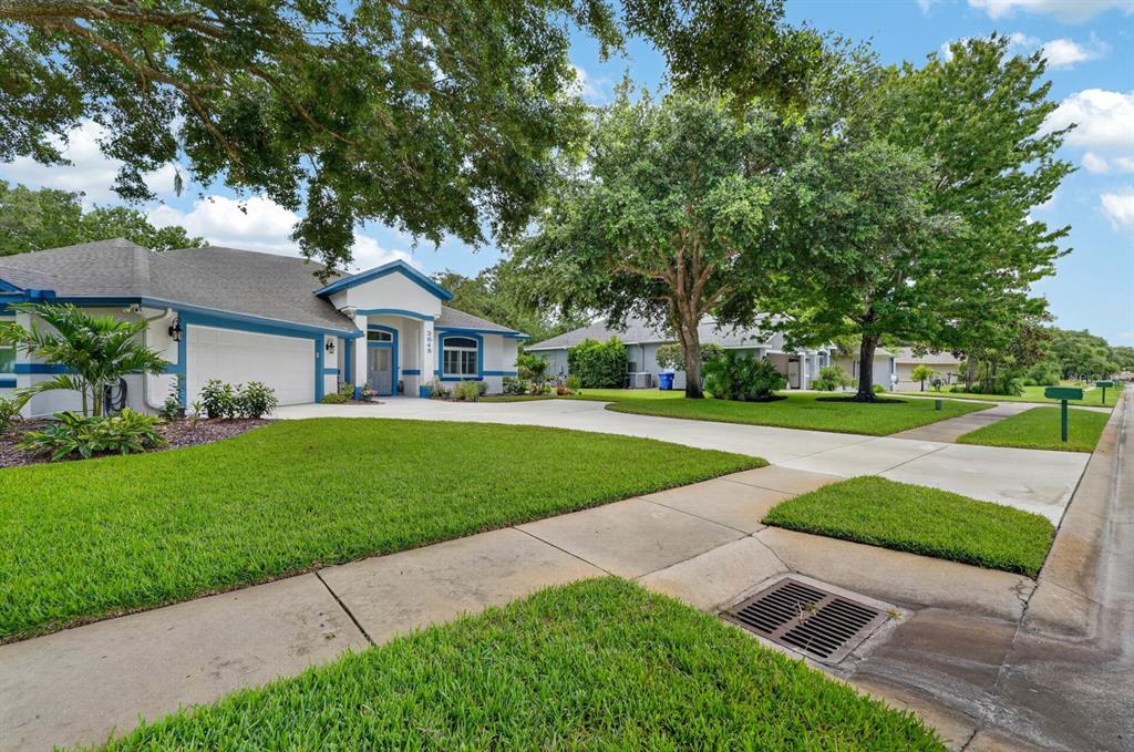 A single-story house with a blue-trimmed exterior and a concrete driveway sits on a lawn — 3645 CHRISTA COURT, ORMOND BEACH, FL