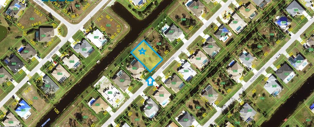 This is an aerial map showing a vacant residential lot highlighted in blue — 238 BROADMOOR LANE, ROTONDA WEST, FL