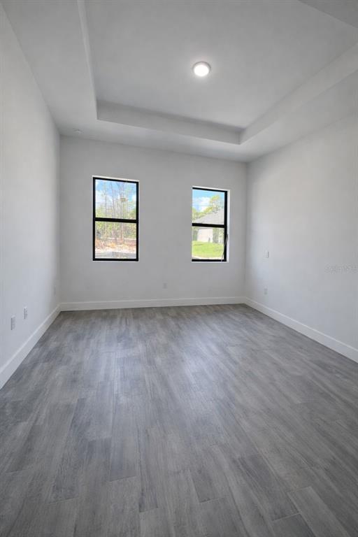 An empty room with gray wood-look flooring, white walls, and a recessed tray ceiling — 1089 CORNELIUS BOULEVARD, PORT CHARLOTTE, FL