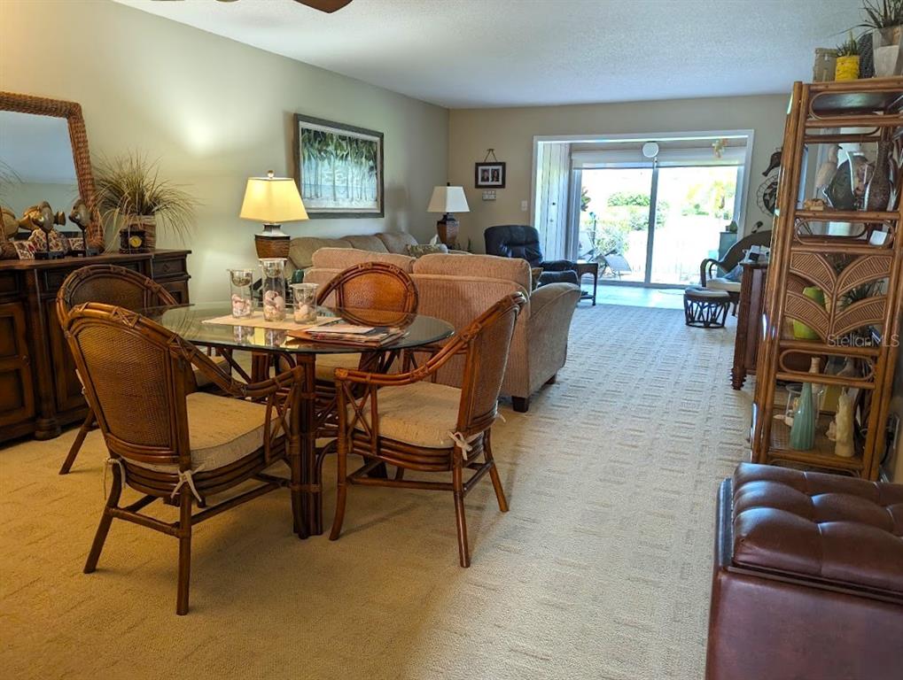 A living and dining area features rattan furniture, beige carpeting, and a sliding glass door — 802 CORDOVA GREEN UNIT 802, SEMINOLE, FL
