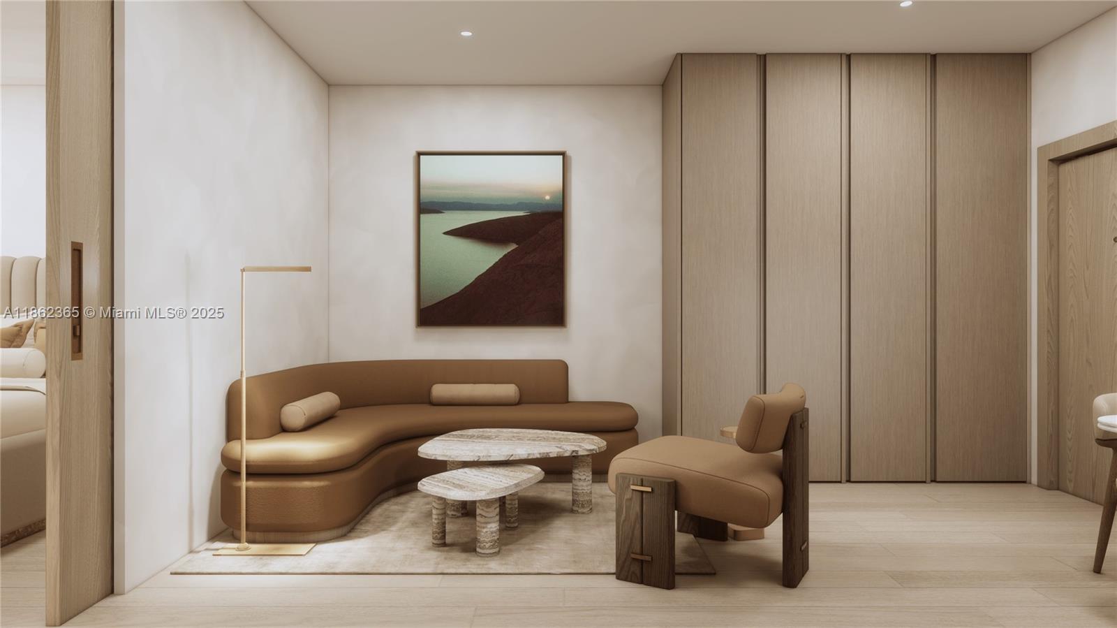 This is a rendering of a modern living area featuring a curved sofa and armchair — 1265 SW 22nd St, Miami FL 33145, MIAMI, FL
