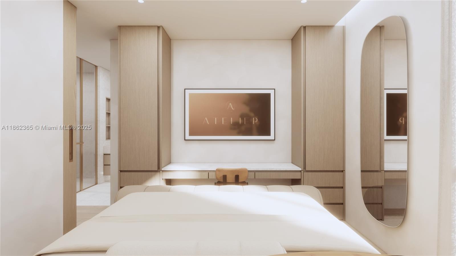 This rendering shows a modern bedroom with built-in wooden cabinetry, a desk, and a mirror — 1265 SW 22nd St, Miami FL 33145, MIAMI, FL