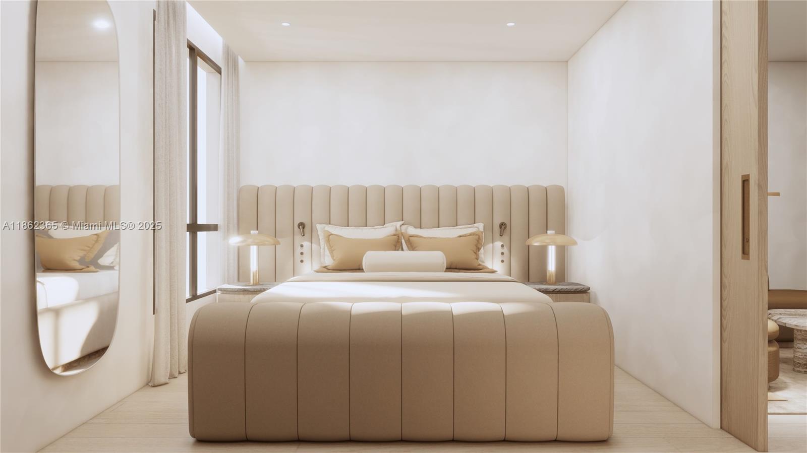 This rendering shows a modern bedroom featuring a beige upholstered bed and matching headboard — 1265 SW 22nd St, Miami FL 33145, MIAMI, FL