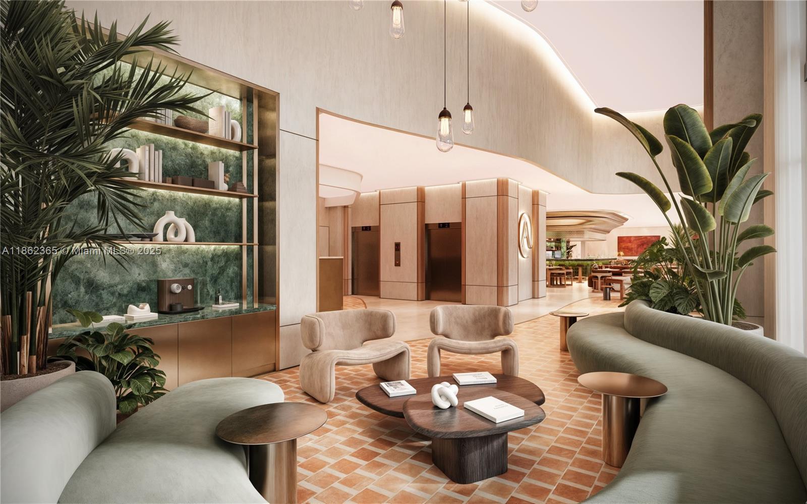 This rendering shows a modern lobby with curved seating, a green marble shelf, and elevators — 1265 SW 22nd St, Miami FL 33145, MIAMI, FL