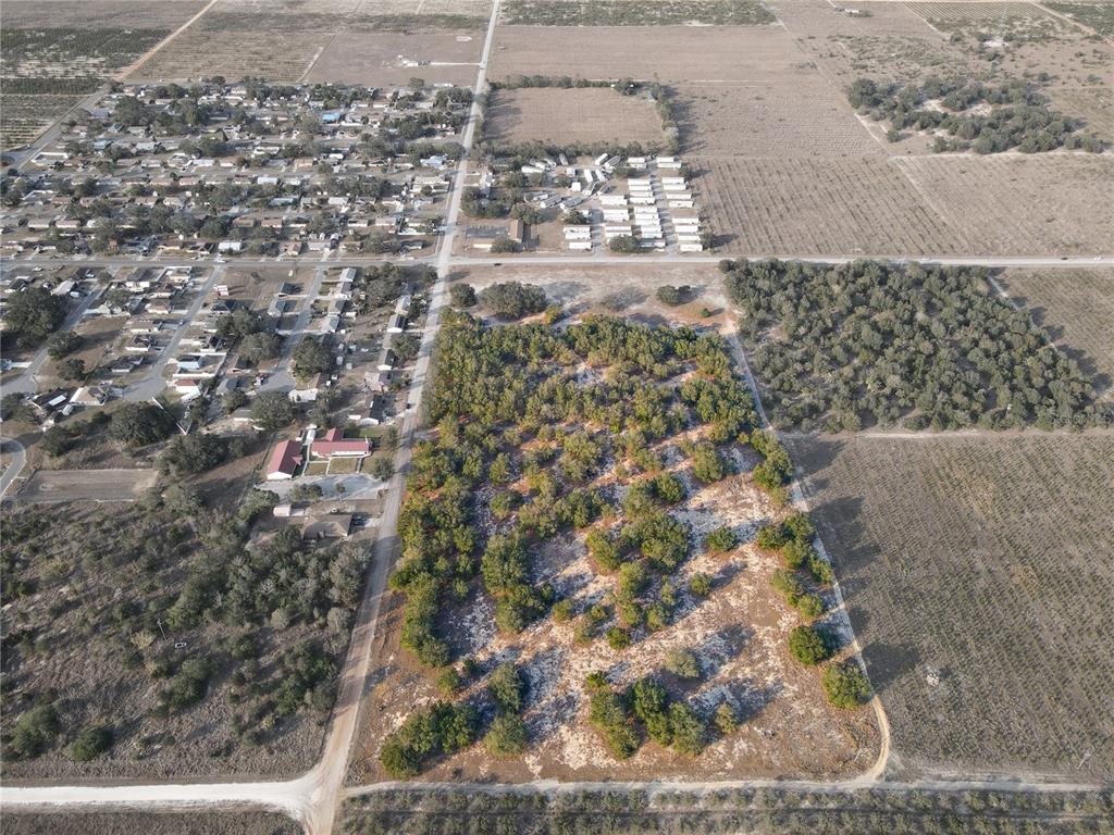 An aerial view shows a wooded lot adjacent to a residential neighborhood and agricultural fields — LEWIS GRIFFIN ROAD, BABSON PARK, FL