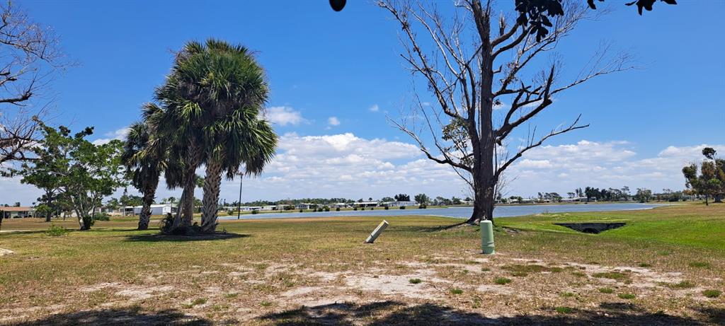 A grassy lot features palm trees, a large bare tree, and a view of a lake — 7368 VARLEY CIRCLE, PORT CHARLOTTE, FL
