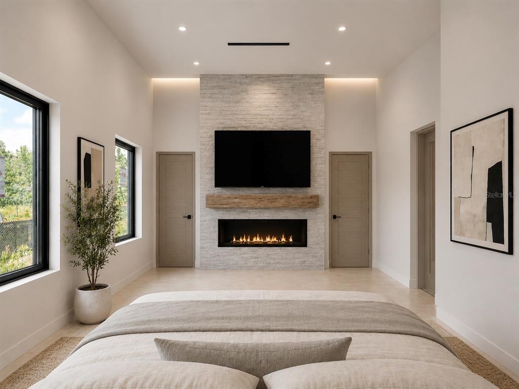 This rendering shows a modern bedroom featuring a stone fireplace wall with an integrated television — 14847 SW 29TH AVENUE ROAD, OCALA, FL