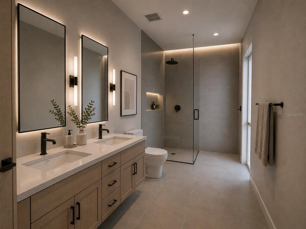This is a rendering of a modern bathroom with a double vanity and walk-in shower — 14847 SW 29TH AVENUE ROAD, OCALA, FL