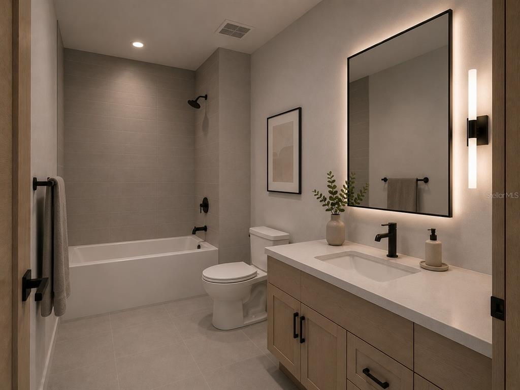 This is a rendering of a modern bathroom with a tub-shower combo and vanity — 14847 SW 29TH AVENUE ROAD, OCALA, FL
