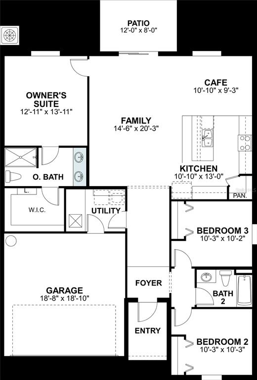 This is a floor plan for a single-story home with three bedrooms and a two-car garage — 2936 BERRY COPPICE PLACE, WIMAUMA, FL