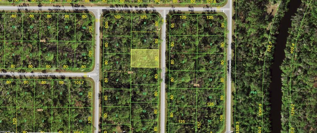 This is a map showing a highlighted rectangular land parcel located between two residential streets — 2173 HOMER STREET, PORT CHARLOTTE, FL