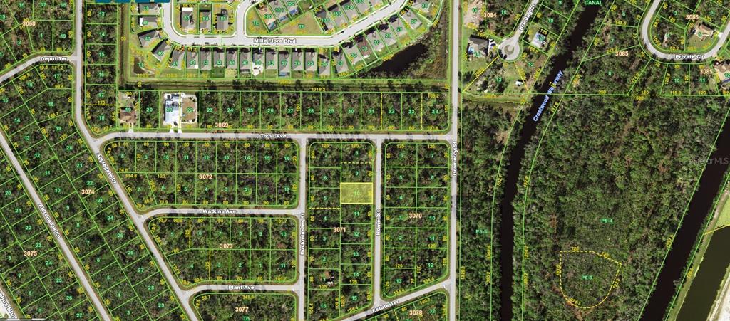 This is an aerial map showing residential lots and streets in a wooded neighborhood — 2173 HOMER STREET, PORT CHARLOTTE, FL
