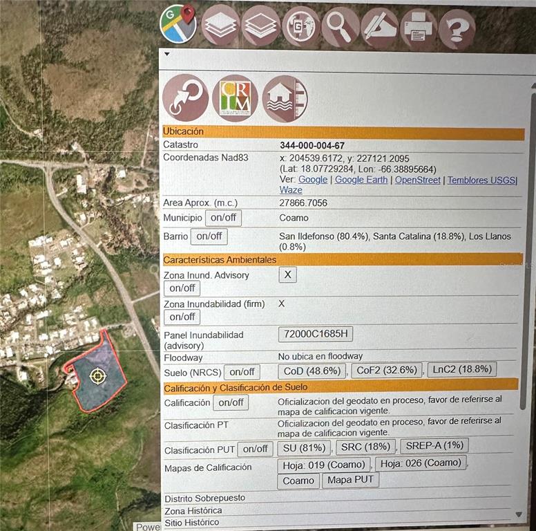 This is a digital map showing property location, environmental characteristics, and land classification data — BO. SAN IDELFONSO, COAMO, PR