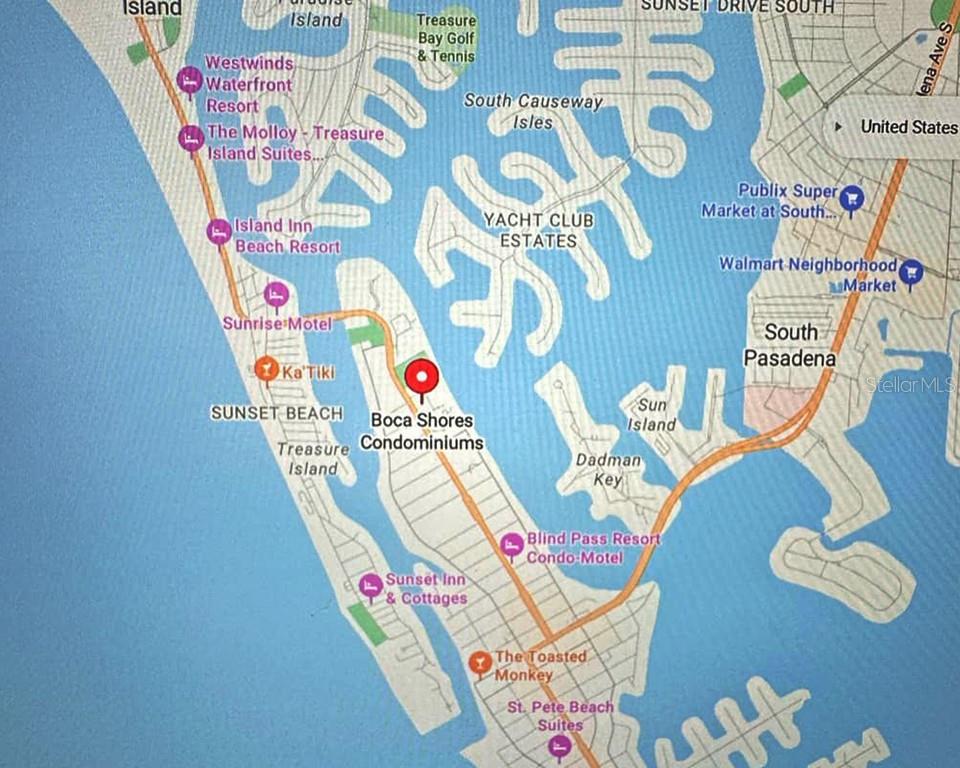 This is a map showing the location of a property in the Treasure Island area — 8911 BLIND PASS ROAD UNIT 220, ST PETE BEACH, FL