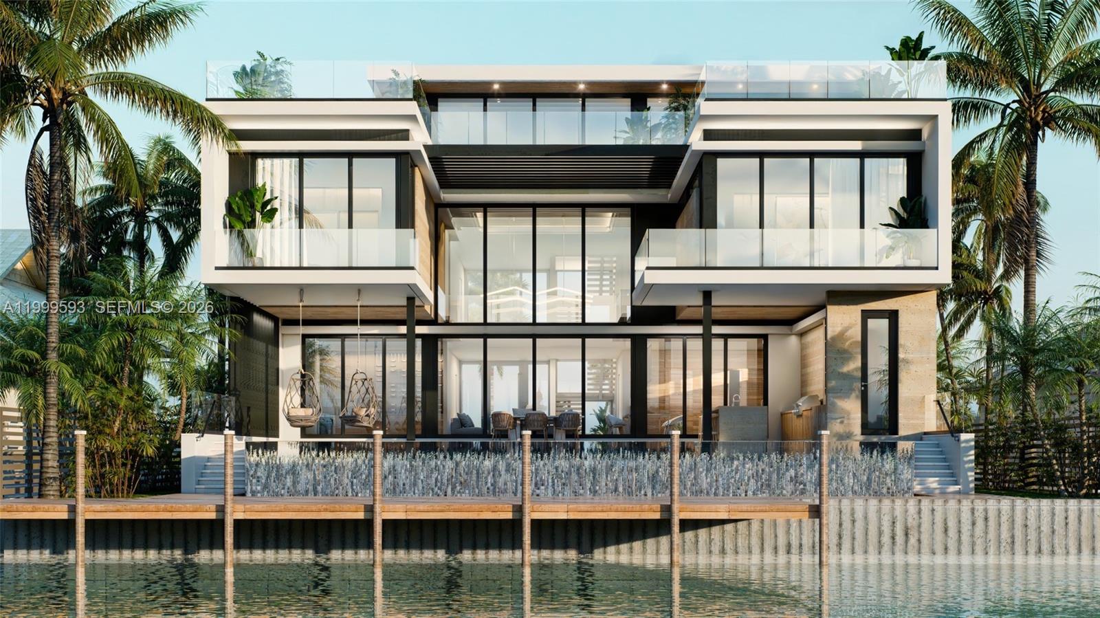This is a rendering of a modern three-story waterfront home with glass balconies and terraces — 1925 Keystone Blvd, North Miami FL 33181, NORTH MIAMI, FL