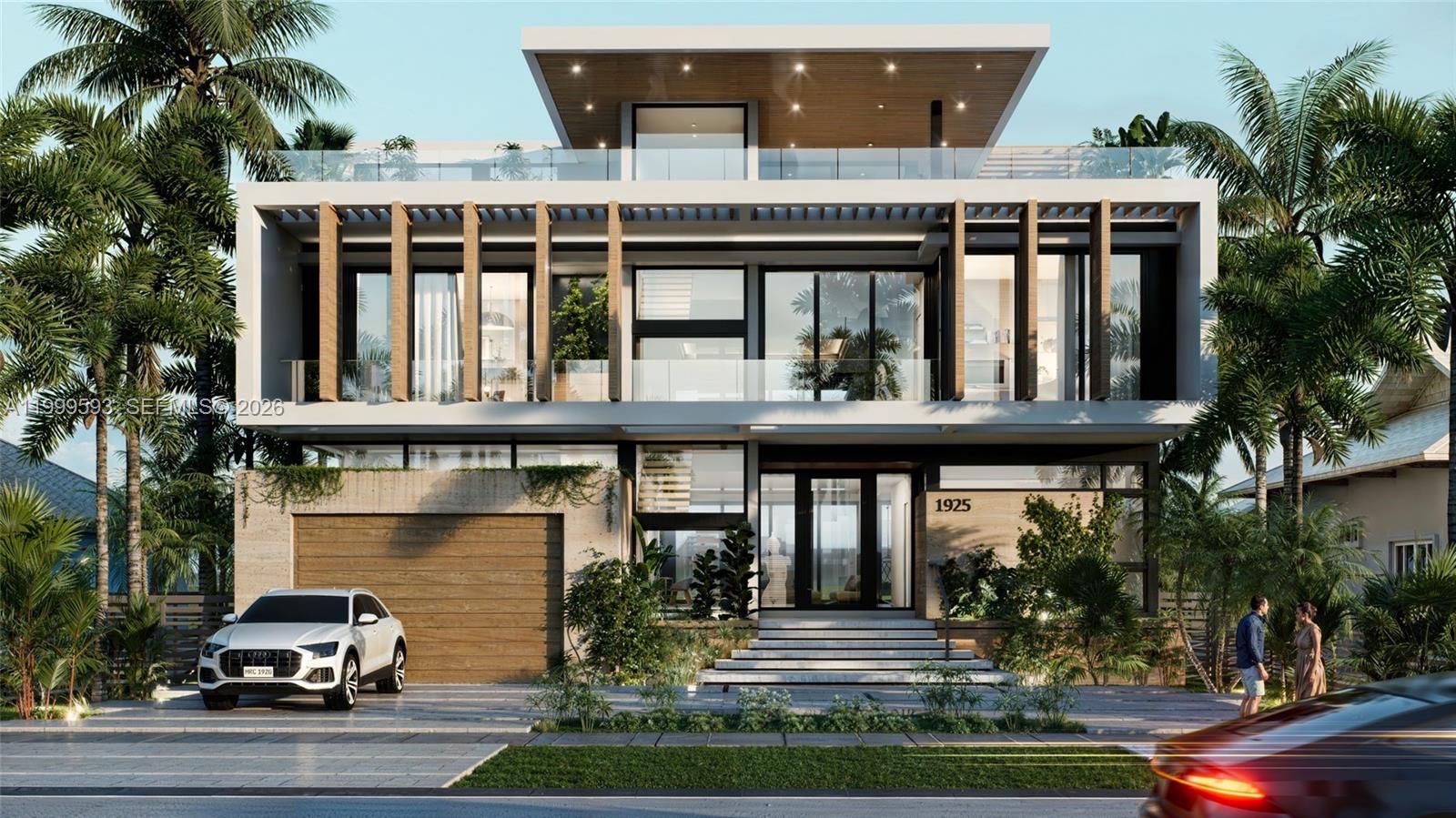 This is a rendering of a modern three-story house with a garage and palm trees — 1925 Keystone Blvd, North Miami FL 33181, NORTH MIAMI, FL