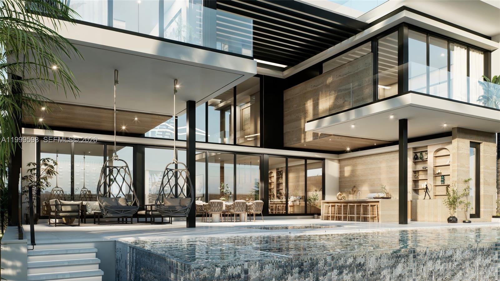 This architectural rendering shows a modern luxury home exterior with a pool and hanging chairs — 1925 Keystone Blvd, North Miami FL 33181, NORTH MIAMI, FL