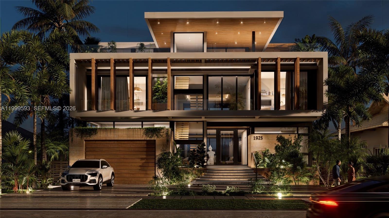 This is a rendering of a modern three-story house at night with a wooden garage — 1925 Keystone Blvd, North Miami FL 33181, NORTH MIAMI, FL