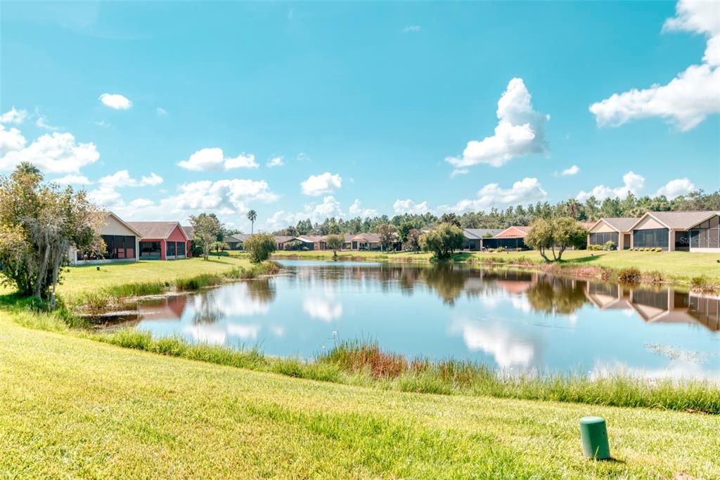 A view of a pond surrounded by residential houses and green lawns under a blue sky — 364 ACADIA DR, POINCIANA, FL