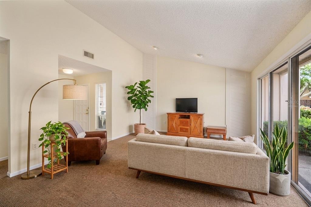 A living room with beige carpet, a tan sofa, a leather armchair, and sliding glass doors — 4231 OAK LOOP UNIT 51, MULBERRY, FL