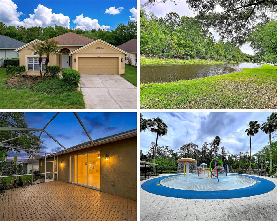This composite image shows a house exterior, a pond, a screened patio, and a splash pad — 27509 EDENFIELD DRIVE, WESLEY CHAPEL, FL