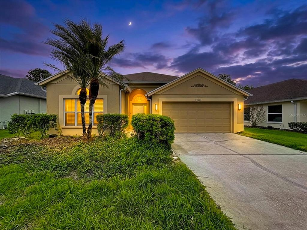 A single-story house with a tan stucco exterior, a two-car garage, and a palm tree — 27509 EDENFIELD DRIVE, WESLEY CHAPEL, FL