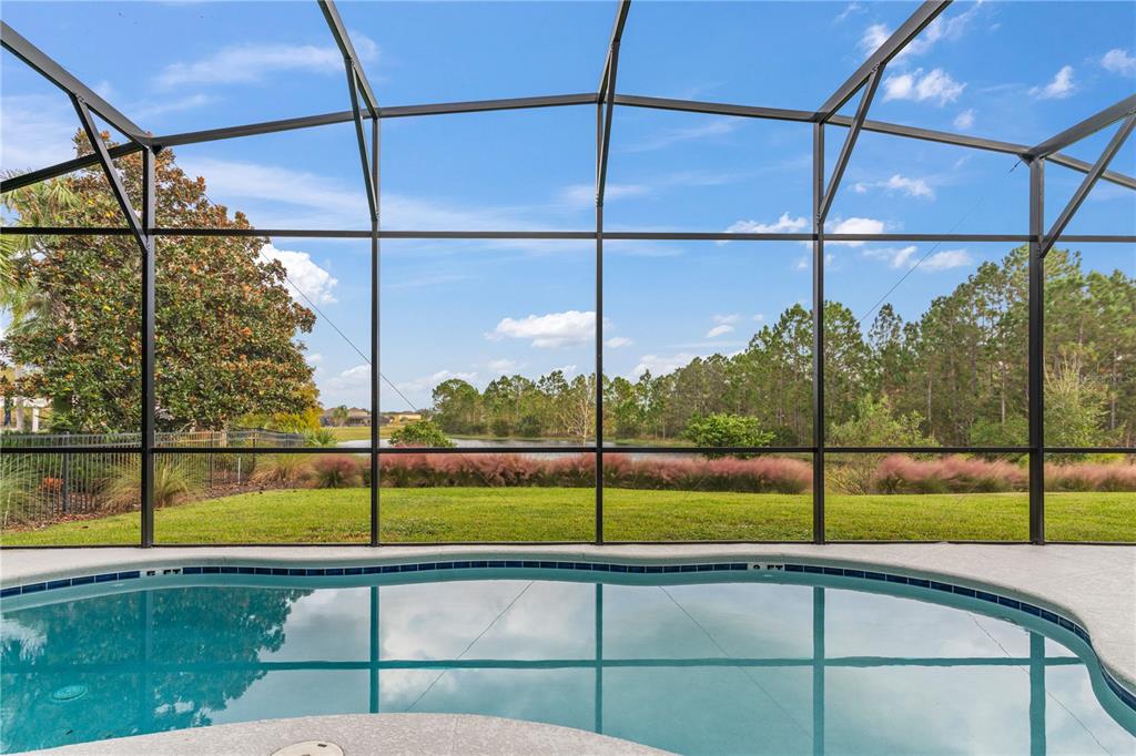 A swimming pool sits inside a screened-in lanai overlooking a grassy yard and a pond — 1205 BUTTERFLY ORCHID ROAD, DAVENPORT, FL