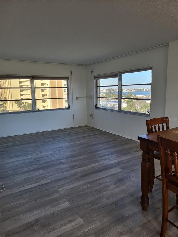 A room with gray wood-look flooring and large windows overlooking a building and water — 4650 COVE CIRCLE UNIT 611, ST PETERSBURG, FL