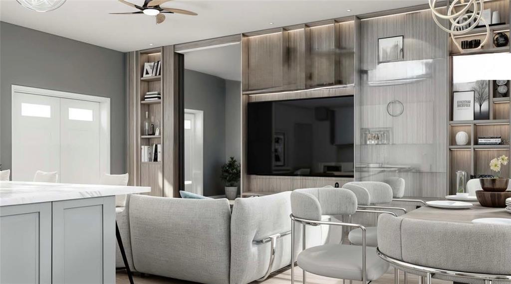 This rendering shows a modern living and dining area with light wood cabinetry and furniture — 12408 BATFISH COURT, PLACIDA, FL