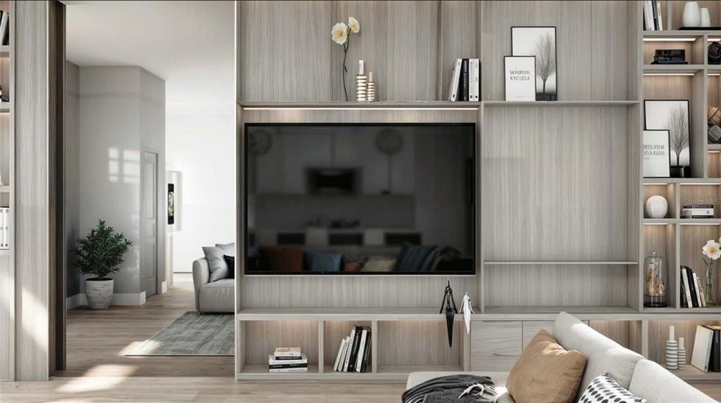 This rendering shows a modern living room with a large wall-mounted television and built-in shelving — 12408 BATFISH COURT, PLACIDA, FL