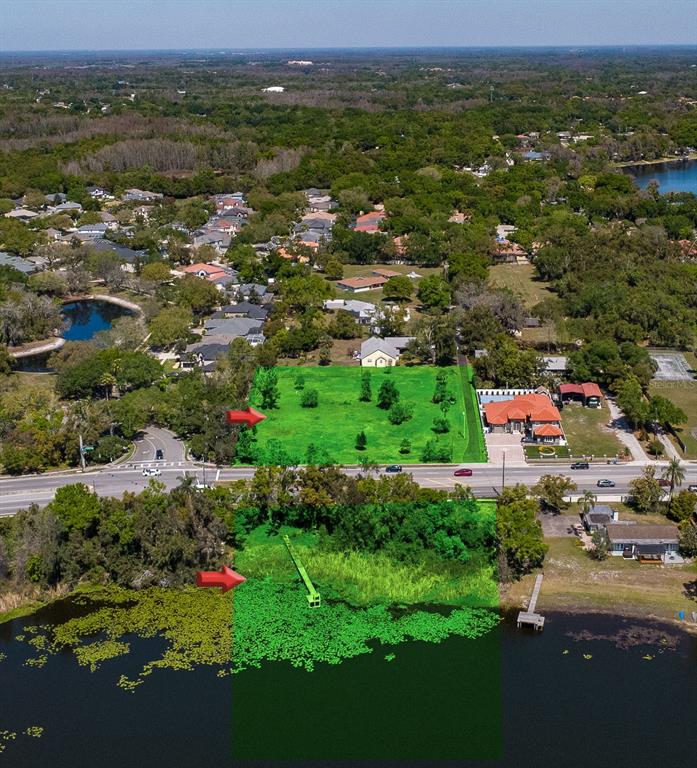 This aerial rendering shows a lakefront property divided by a road with a main house — 2125 W BEARSS AVENUE, TAMPA, FL