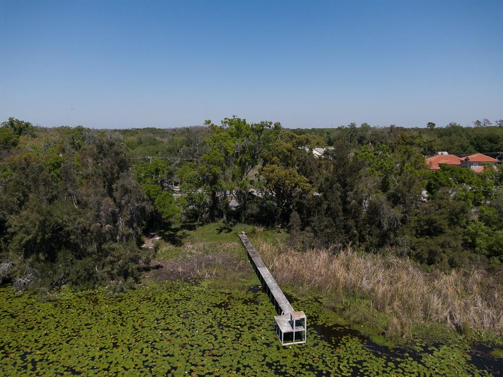 An aerial view shows a vacant lot and adjacent waterfront property separated by a road — 2125 W BEARSS AVENUE, TAMPA, FL