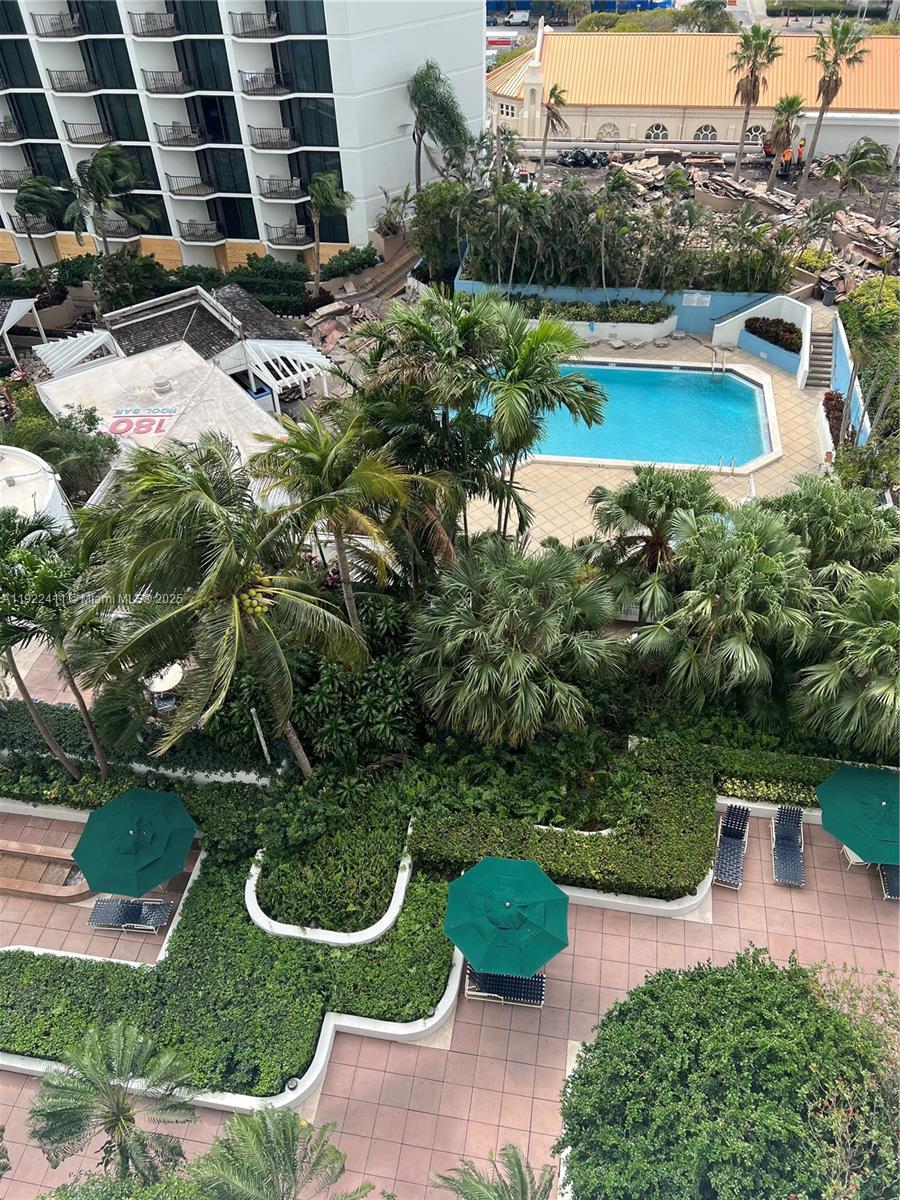 An elevated view shows a hotel pool area surrounded by palm trees and patio furniture — 1717 N Bayshore Dr # 1856, Miami FL 33132, MIAMI, FL
