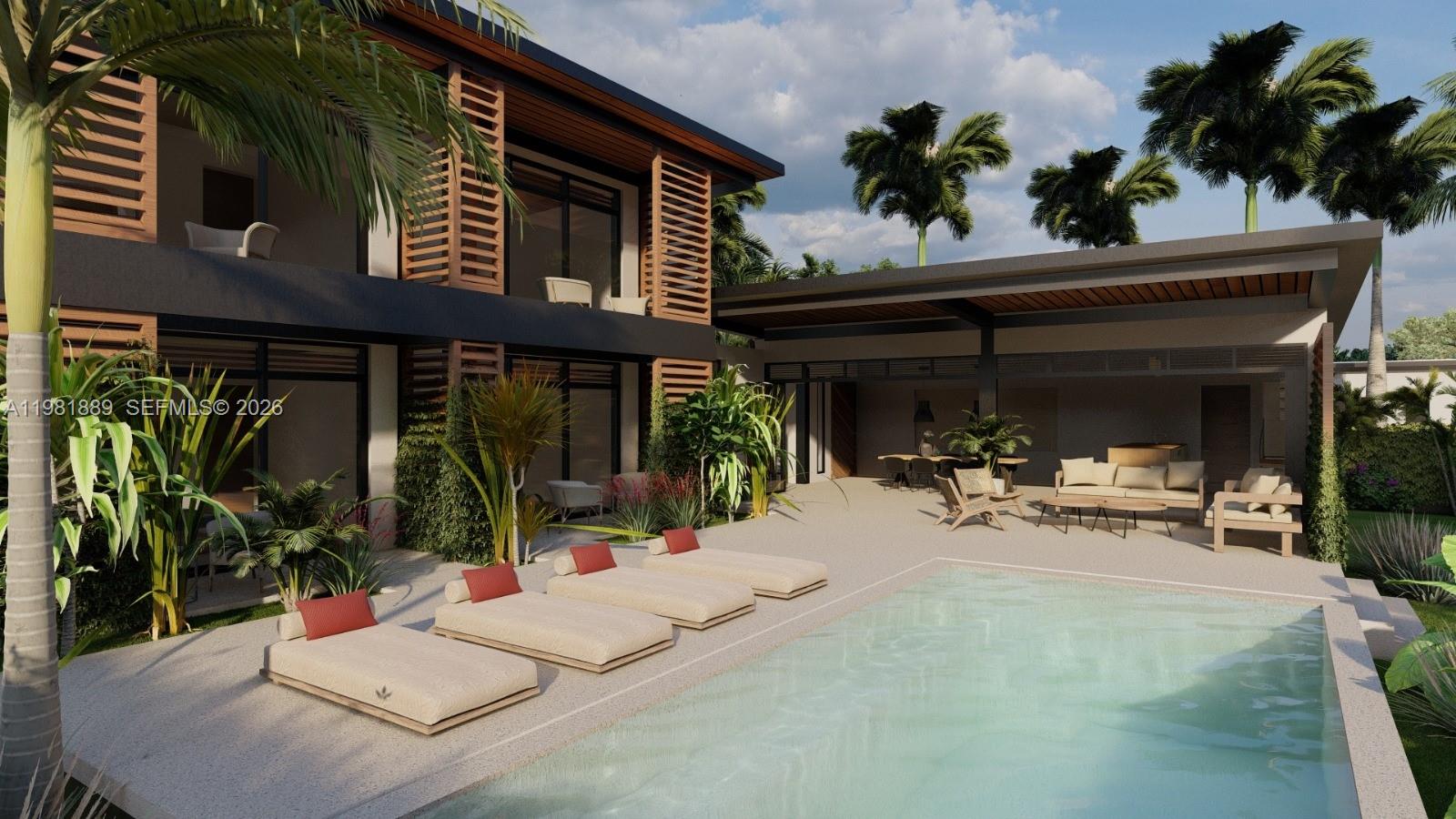 This architectural rendering shows a modern two-story house with a swimming pool and patio area — 000 8C7J+863 Las Terrenas, Dominican Republic, FL 32000, FL