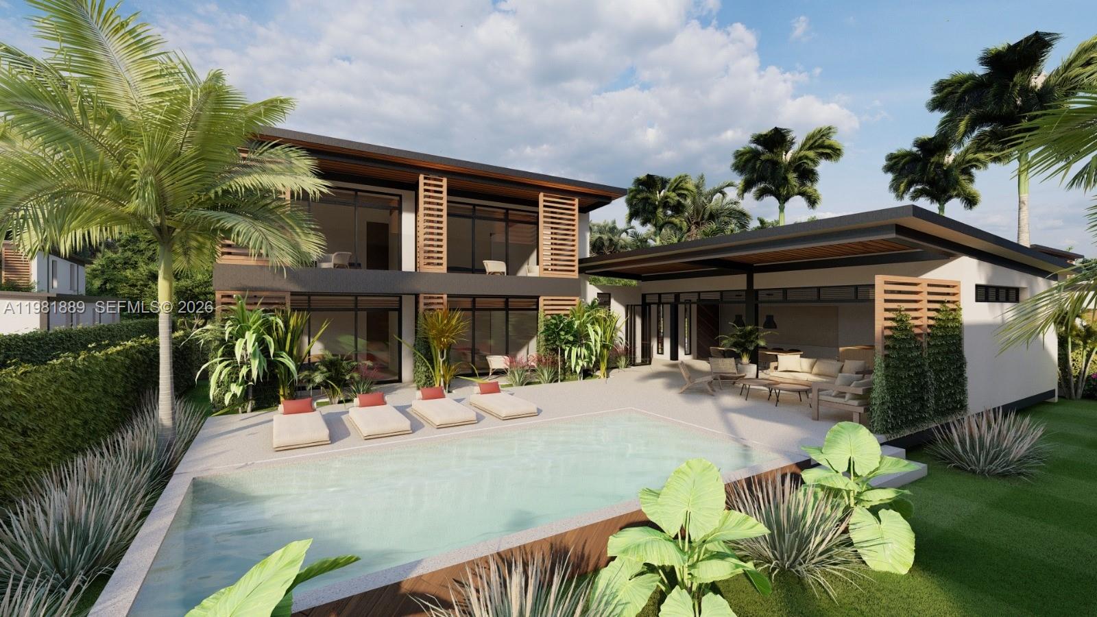 This architectural rendering shows a modern two-story house with a pool and outdoor patio area — 000 8C7J+863 Las Terrenas, Dominican Republic, FL 32000, FL
