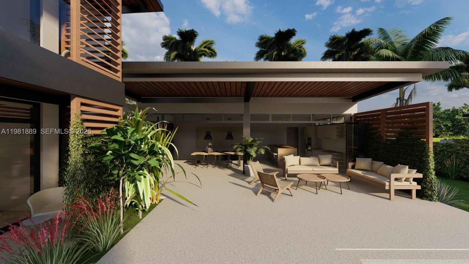 This architectural rendering shows a modern outdoor patio with lounge seating and a dining area — 000 8C7J+863 Las Terrenas, Dominican Republic, FL 32000, FL