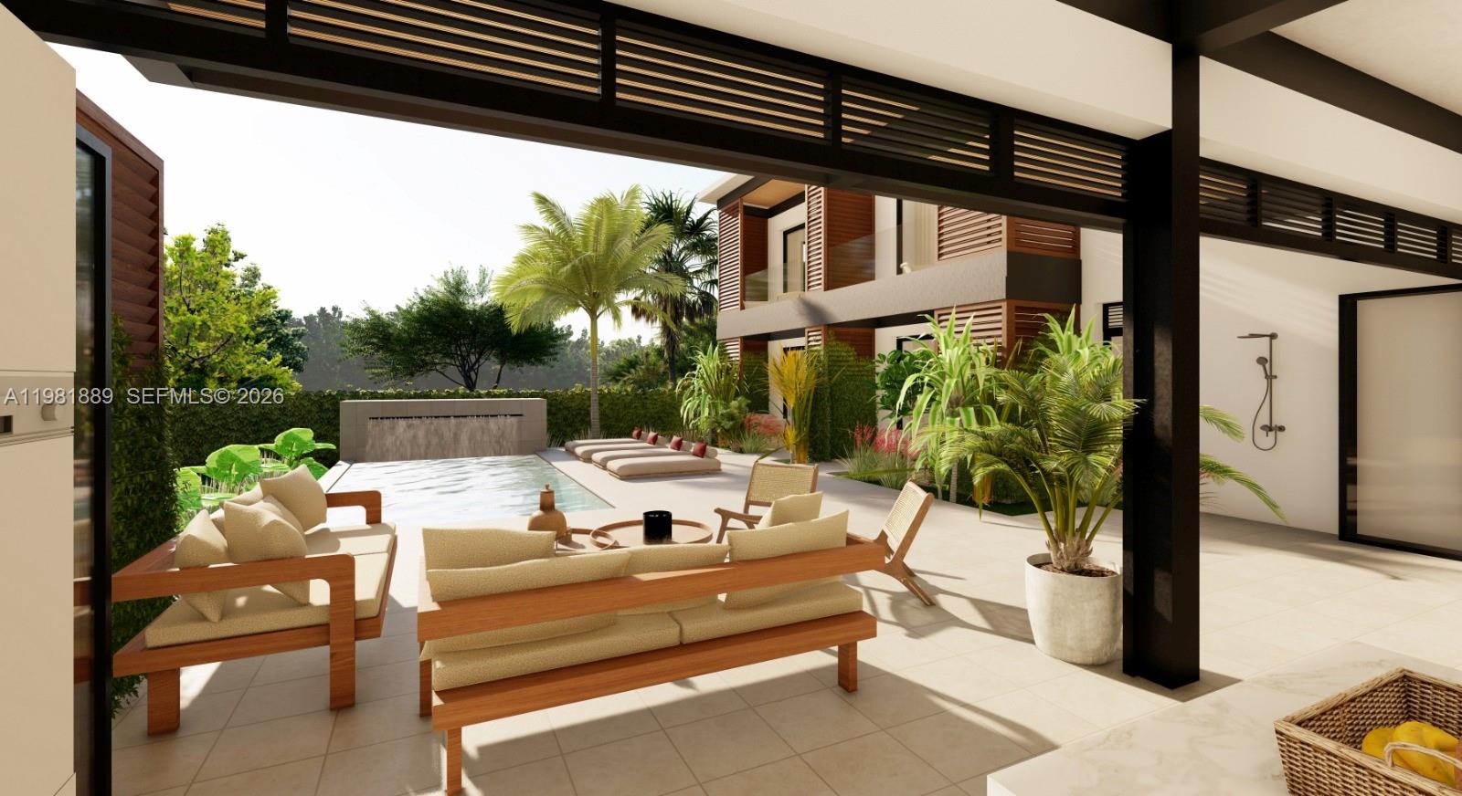 This rendering shows a modern outdoor patio with a swimming pool and lounge seating — 000 8C7J+863 Las Terrenas, Dominican Republic, FL 32000, FL