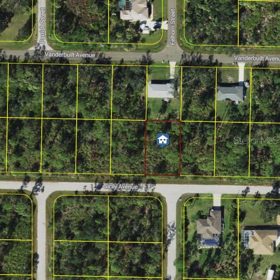 This is an aerial map view of a vacant residential lot outlined in red — 18090 SICILY AVENUE, PORT CHARLOTTE, FL